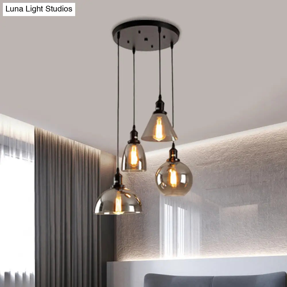 Industrial Smoked Glass Geometric Pendant Light Cluster With Black 3/4 Lights Linear/Round Canopy