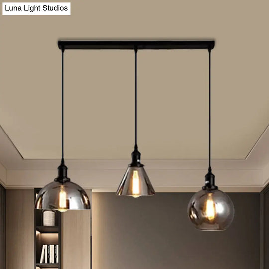 Black Industrial Smoked Glass Cluster Pendant Light With Geometric Shade - Multiple Hanging Lights 3