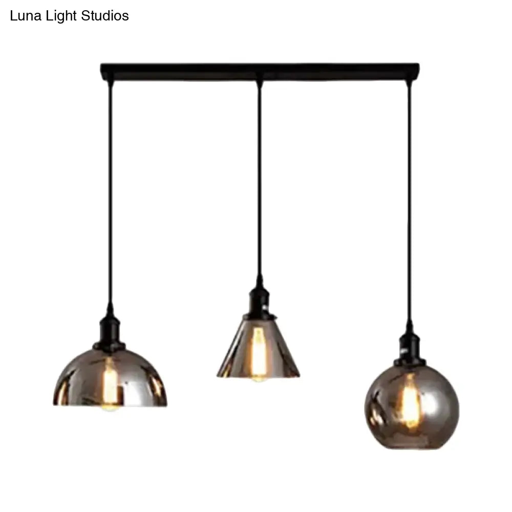 Industrial Smoked Glass Geometric Pendant Light Cluster With Black 3/4 Lights Linear/Round Canopy