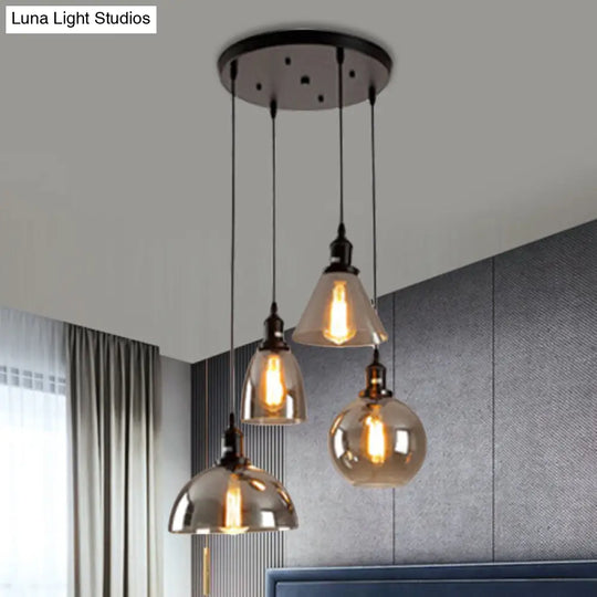 Industrial Smoked Glass Geometric Pendant Light Cluster With Black 3/4 Lights Linear/Round Canopy