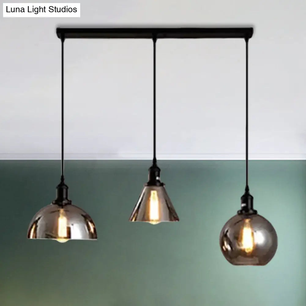 Black Industrial Smoked Glass Cluster Pendant Light With Geometric Shade - Multiple Hanging Lights