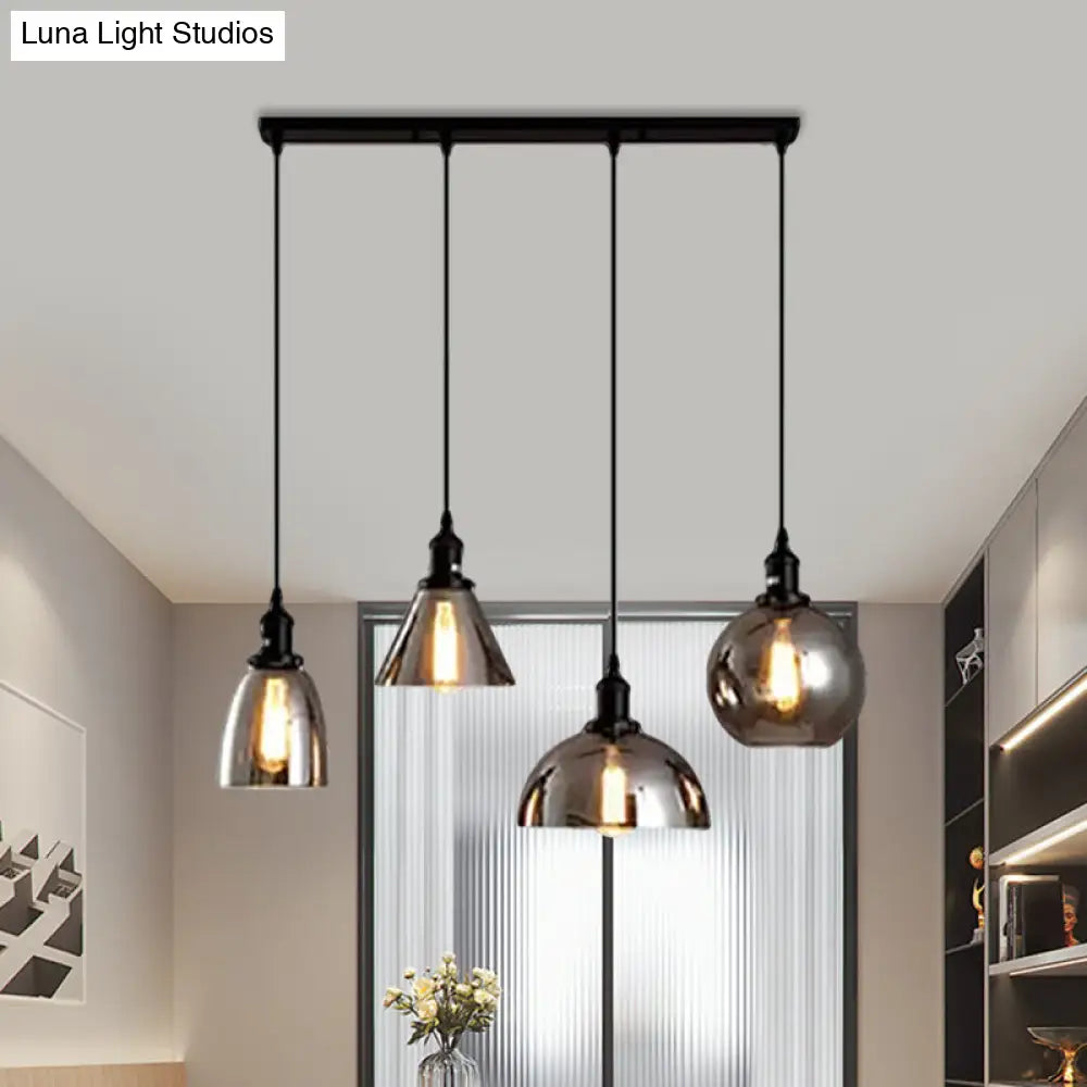 Industrial Smoked Glass Geometric Pendant Light Cluster With Black 3/4 Lights Linear/Round Canopy