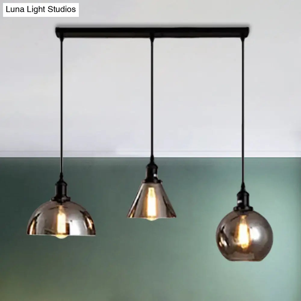 Industrial Smoked Glass Geometric Pendant Light Cluster With Black 3/4 Lights Linear/Round Canopy