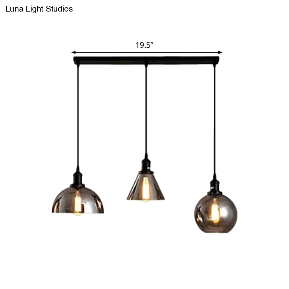 Industrial Smoked Glass Geometric Pendant Light Cluster With Black 3/4 Lights Linear/Round Canopy