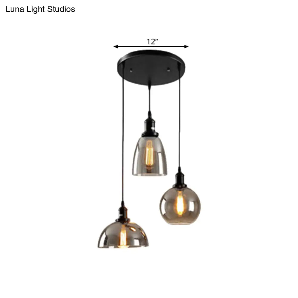 Industrial Smoked Glass Geometric Pendant Light Cluster With Black 3/4 Lights Linear/Round Canopy