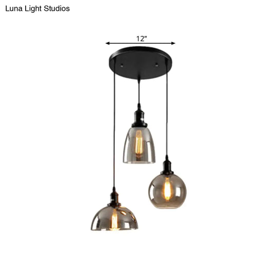 Industrial Smoked Glass Geometric Pendant Light Cluster With Black 3/4 Lights Linear/Round Canopy