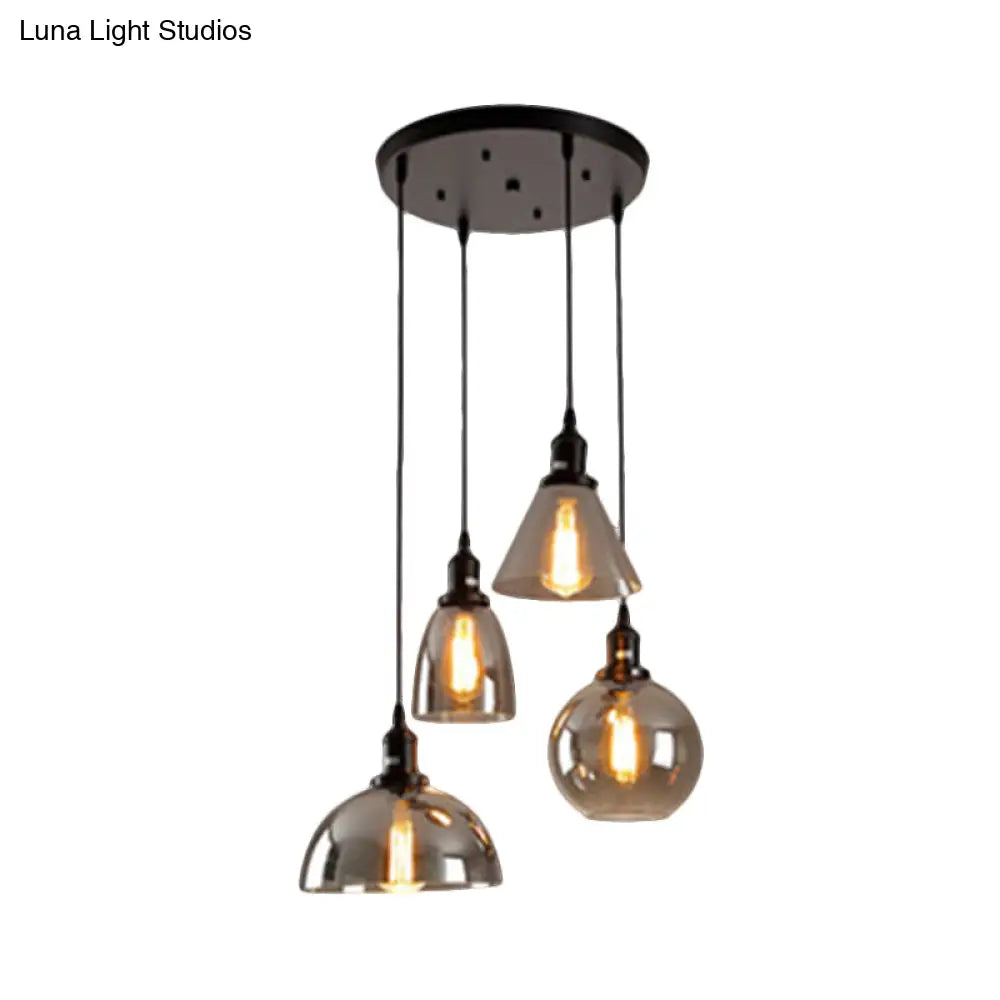 Industrial Smoked Glass Geometric Pendant Light Cluster With Black 3/4 Lights Linear/Round Canopy