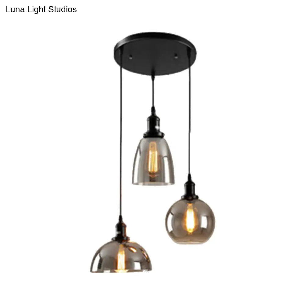 Industrial Smoked Glass Geometric Pendant Light Cluster With Black 3/4 Lights Linear/Round Canopy