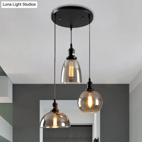 Industrial Smoked Glass Geometric Pendant Light Cluster With Black 3/4 Lights Linear/Round Canopy