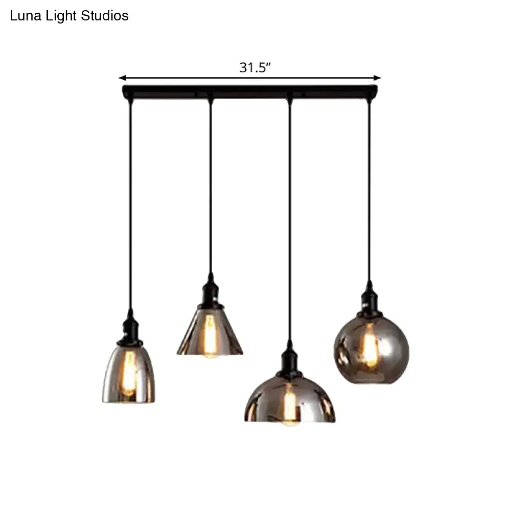 Industrial Smoked Glass Geometric Pendant Light Cluster With Black 3/4 Lights Linear/Round Canopy