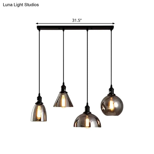 Industrial Smoked Glass Geometric Pendant Light Cluster With Black 3/4 Lights Linear/Round Canopy