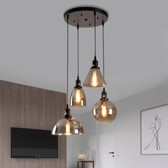 Industrial Smoked Glass Geometric Pendant Light Cluster With Black 3/4 Lights Linear/Round Canopy 4