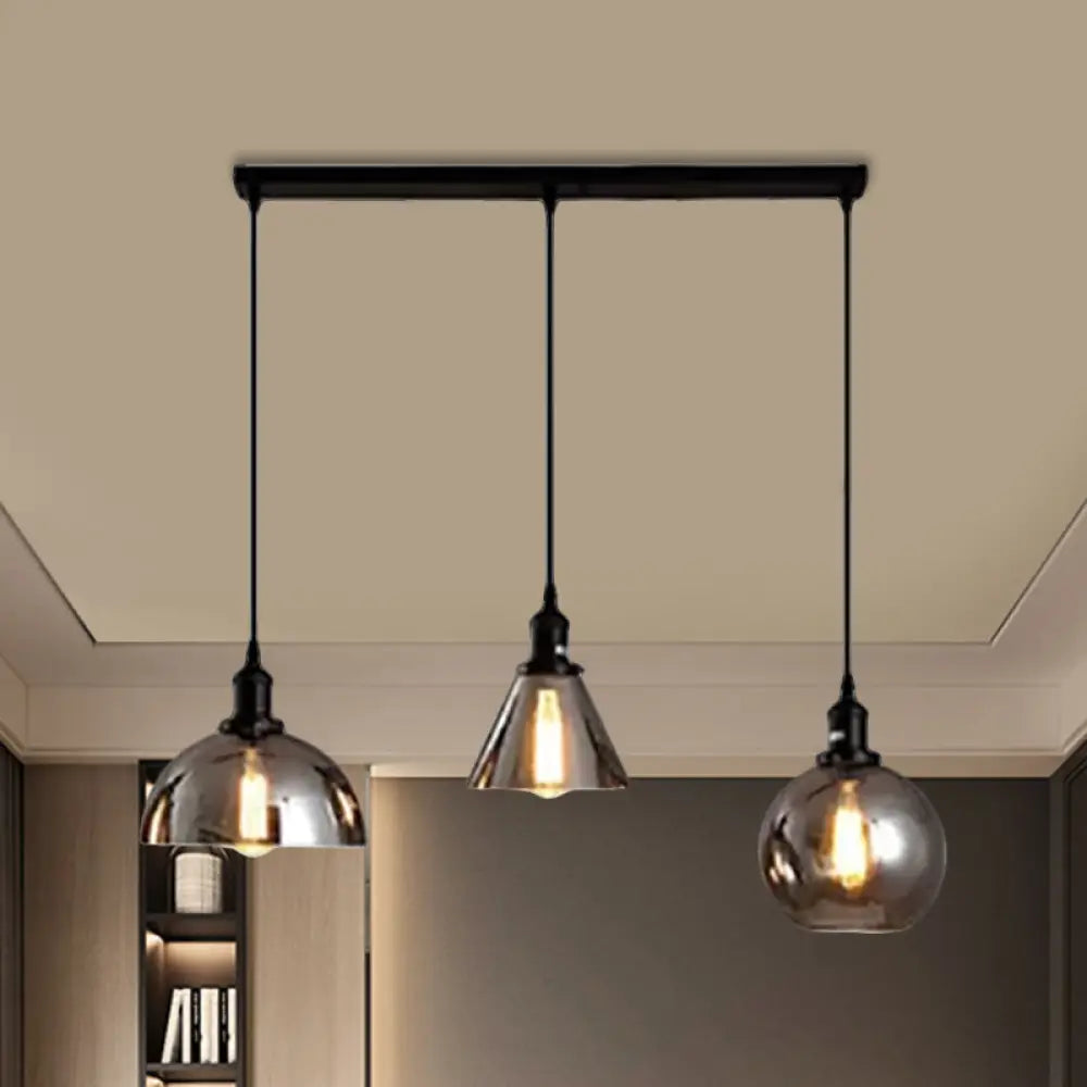 Industrial Smoked Glass Geometric Pendant Light Cluster With Black 3/4 Lights Linear/Round Canopy 3