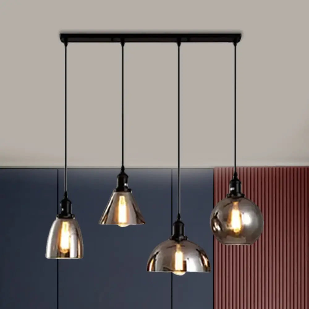 Industrial Smoked Glass Geometric Pendant Light Cluster With Black 3/4 Lights Linear/Round Canopy 4