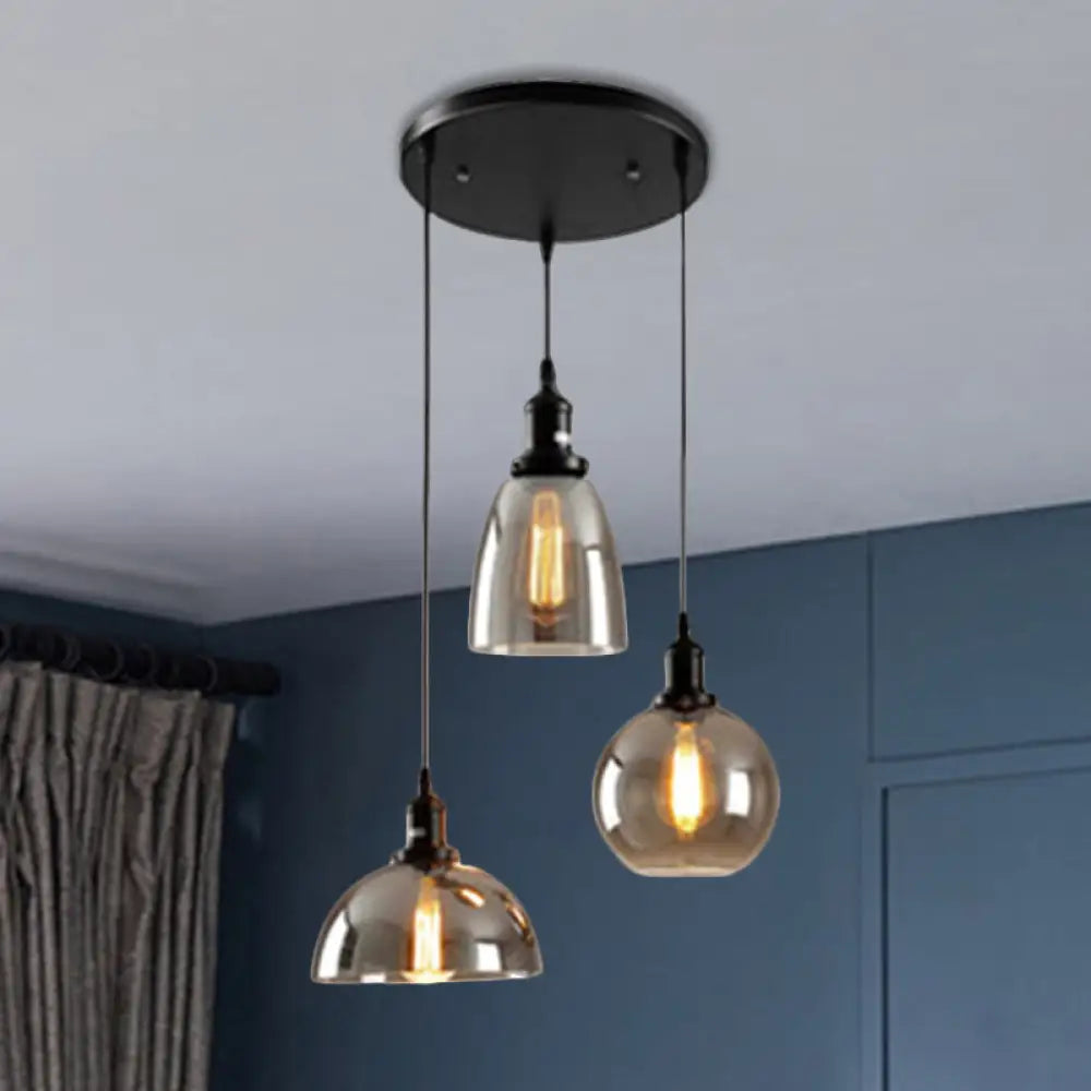 Industrial Smoked Glass Geometric Pendant Light Cluster With Black 3/4 Lights Linear/Round Canopy 3