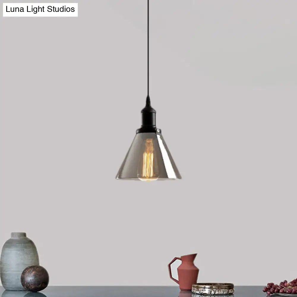 Industrial Smoked Glass Cone/Dome Pendant Light For Living Room - Black 1-Light Smoke Gray / Cone