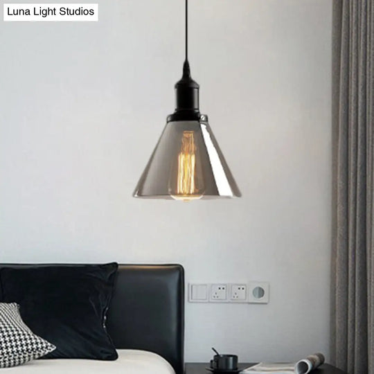 Industrial Smoked Glass Cone/Dome Pendant Light For Living Room - Black 1-Light