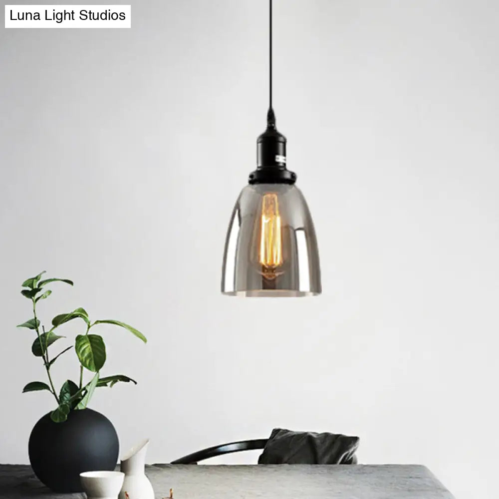 Industrial Smoked Glass Cone/Dome Pendant Light For Living Room - Black 1-Light Smoke Gray / Bowl