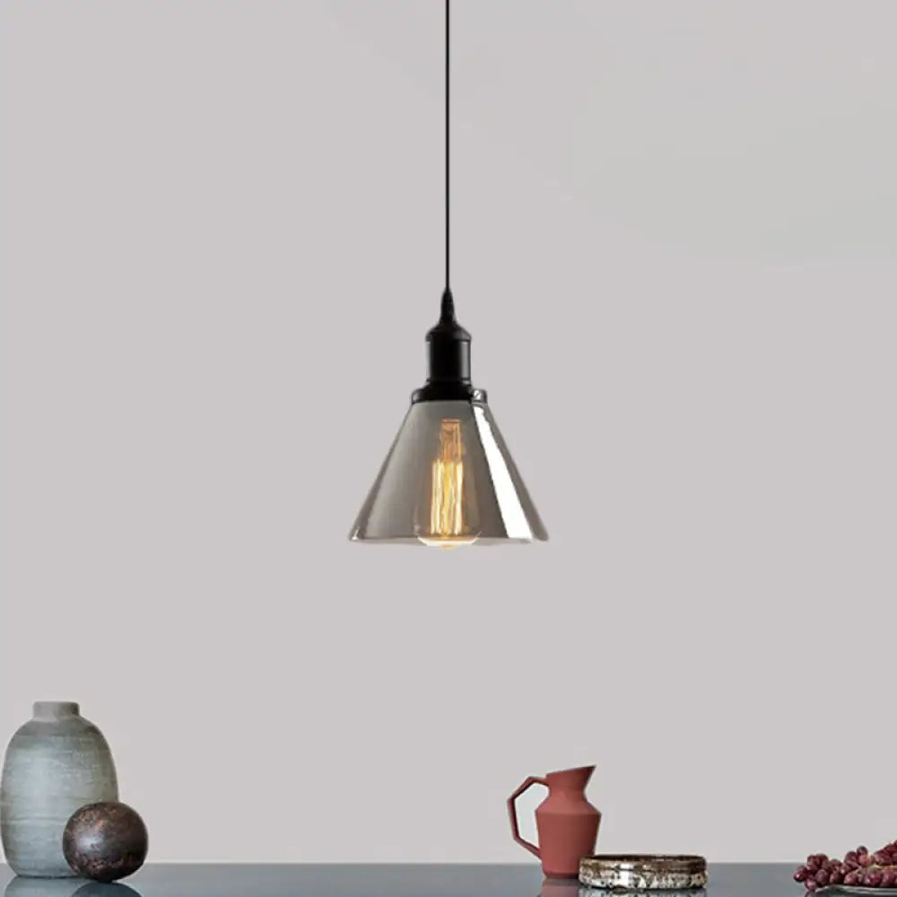 Industrial Smoked Glass Pendant Light - Black 1-Light Ceiling Lamp For Living Room Smoke Gray / Cone