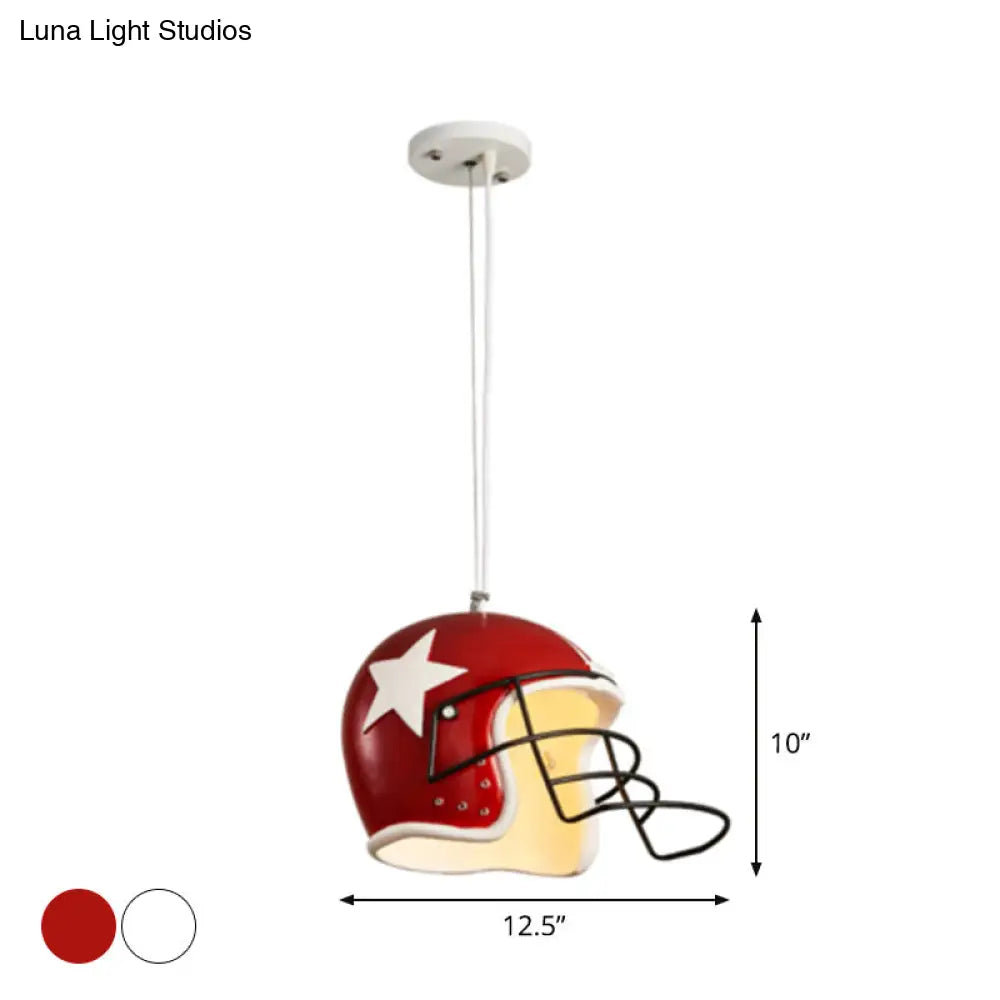 Industrial Red/White Resin Soccer Helmet Pendant Light - Perfect For Restaurants