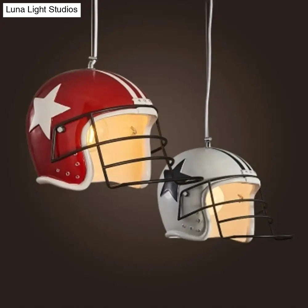 Industrial Red/White Resin Soccer Helmet Pendant Light - Perfect For Restaurants