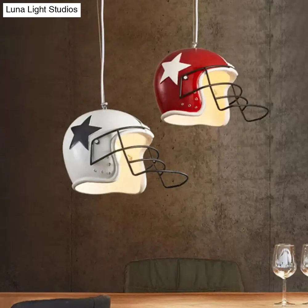 Industrial Red/White Resin Soccer Helmet Pendant Light - Perfect For Restaurants