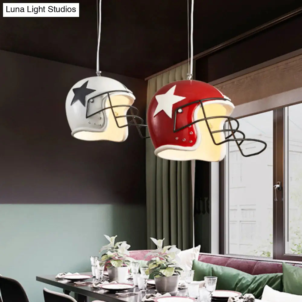 Industrial Red/White Resin Soccer Helmet Pendant Light - Perfect For Restaurants White