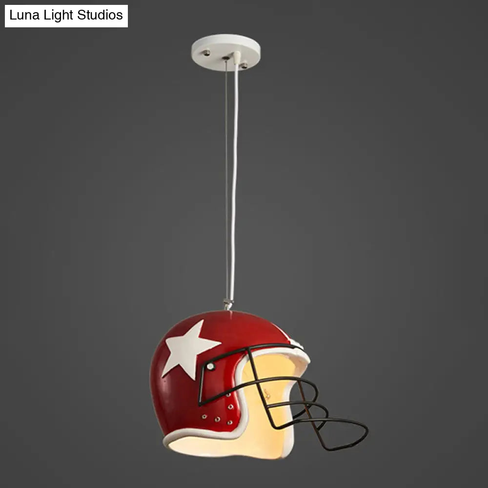 Industrial Red/White Resin Soccer Helmet Pendant Light - Perfect For Restaurants