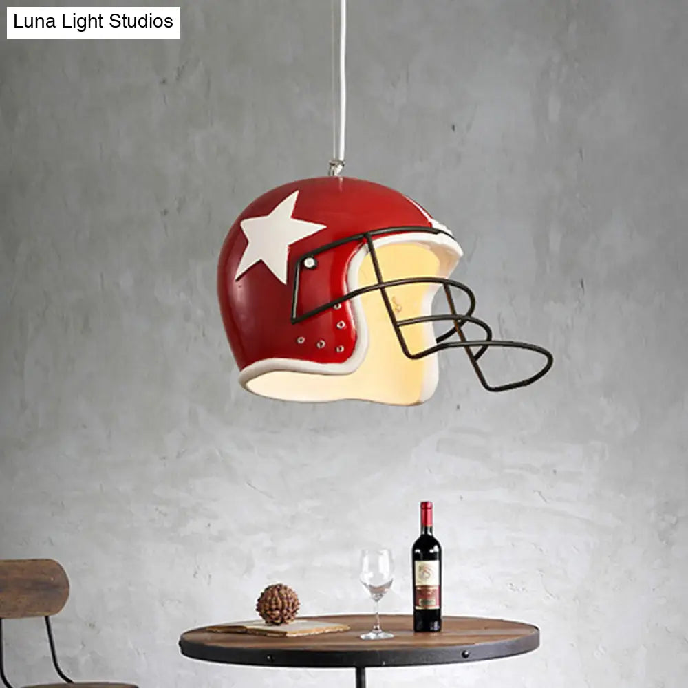 Industrial Red/White Resin Soccer Helmet Pendant Light - Perfect For Restaurants Red