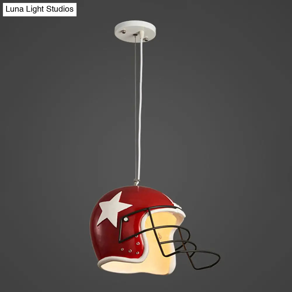 Industrial Soccer Helmet Pendant Light In Red/White For Restaurants