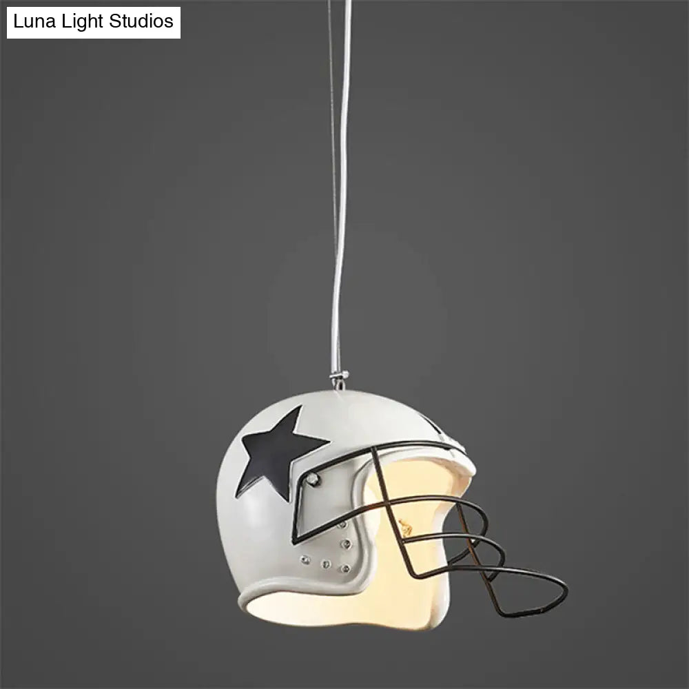 Industrial Red/White Resin Soccer Helmet Pendant Light - Perfect For Restaurants