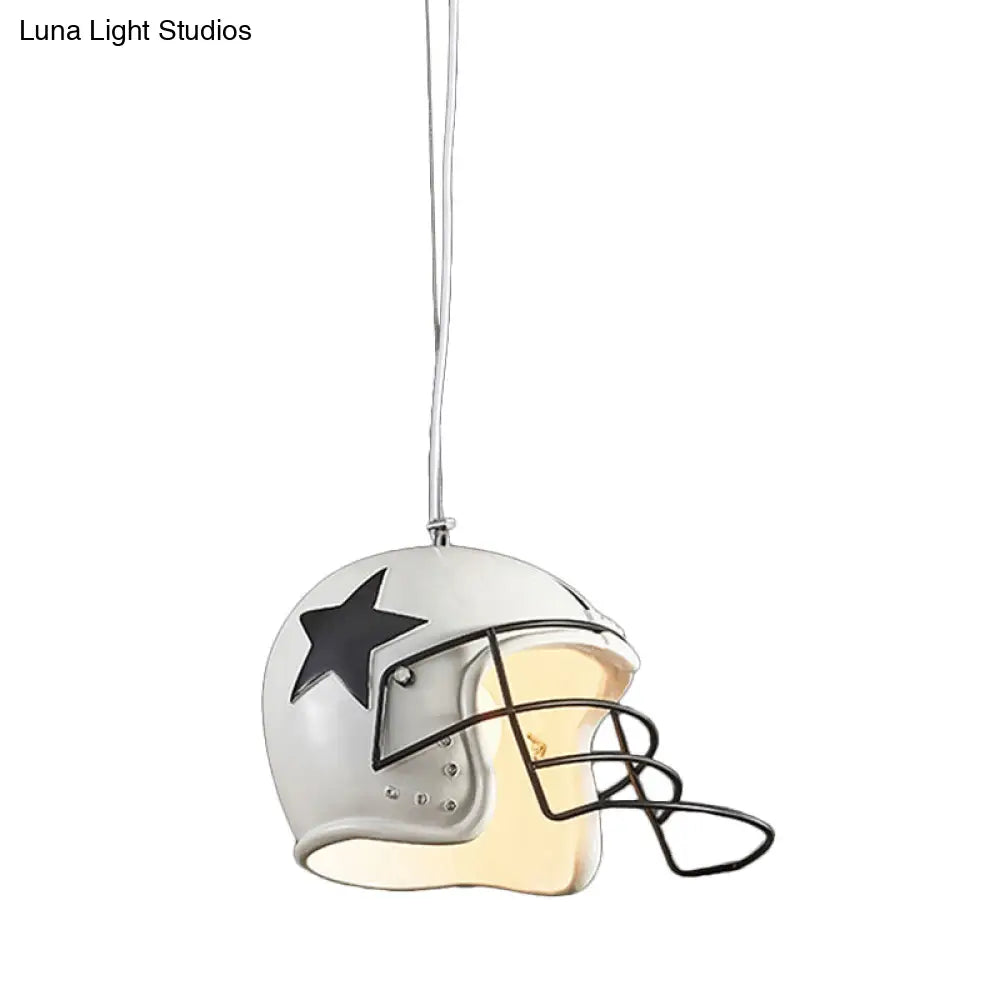 Industrial Red/White Resin Soccer Helmet Pendant Light - Perfect For Restaurants