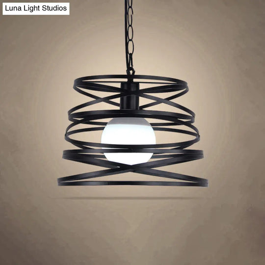 Industrial Metal Spiral Shade Hanging Light With Wire Guard And Chain - Black/White Pendant Lamp