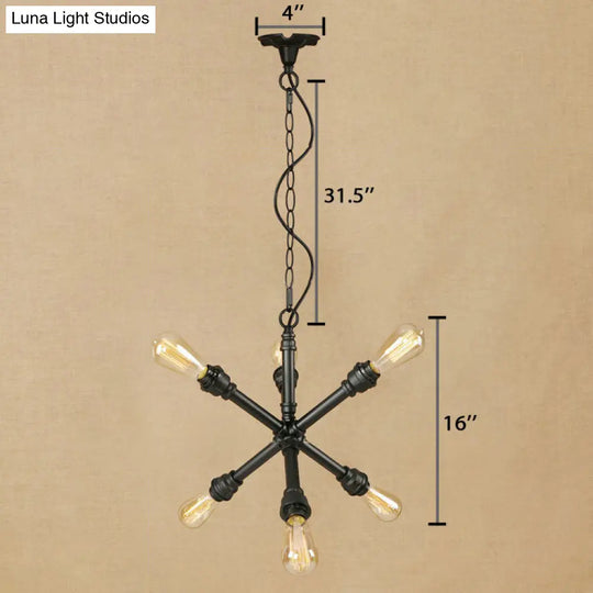 Industrial Sputnik Pendant Chandelier In Black With 6-Light & Water Pipe Detail