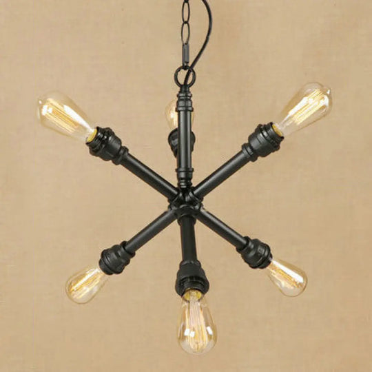 Industrial Sputnik Pendant Chandelier In Black With 6-Light & Water Pipe Detail