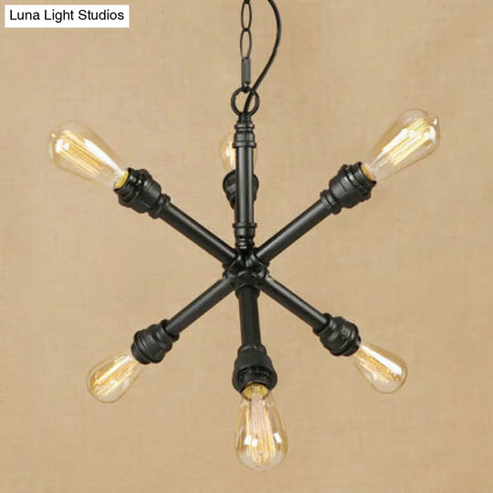 6-Light Industrial Style Sputnik Pendant Chandelier With Water Pipe Design In Black