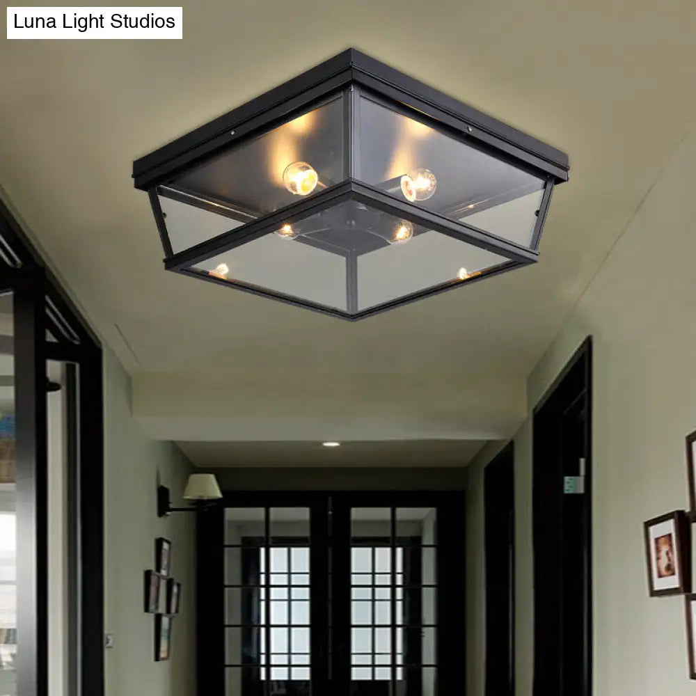 Industrial Square/Hexagon Cage Glass Ceiling Light With 2/4 Bulbs Clear/Black Flush Mount Lighting 4