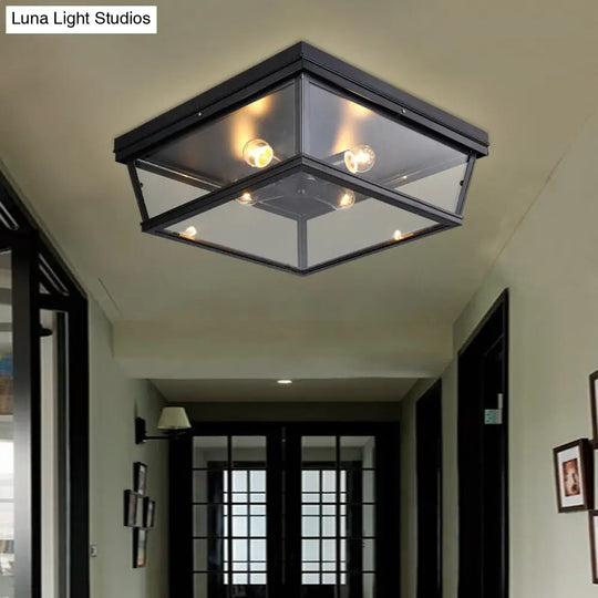 Industrial Square/Hexagon Cage Glass Ceiling Light With 2/4 Bulbs Clear/Black Flush Mount Lighting 4