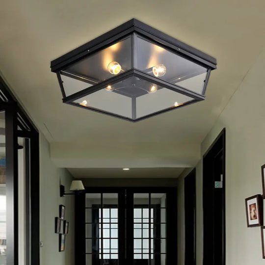 Industrial Square/Hexagon Cage Glass Ceiling Light With 2/4 Bulbs Clear/Black Flush Mount Lighting