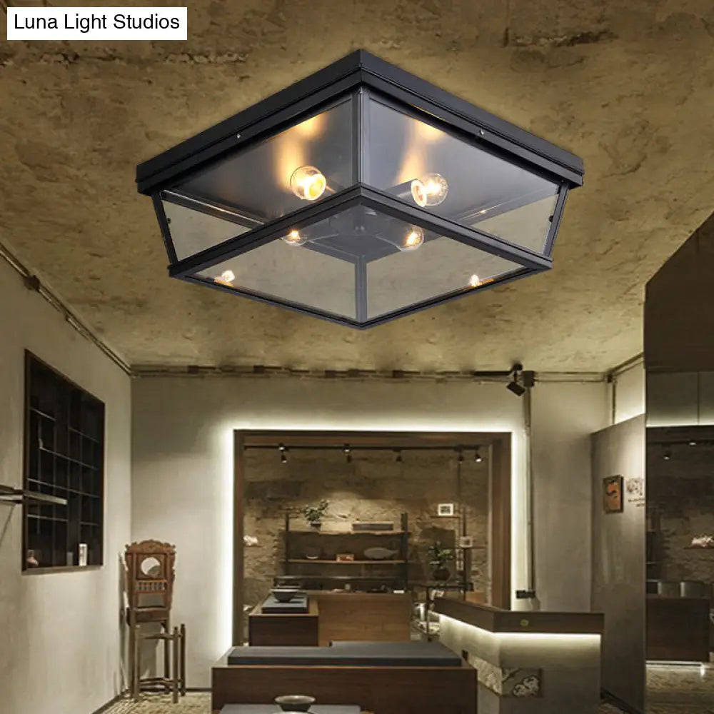 Industrial Square/Hexagon Cage Glass Ceiling Light With 2/4 Bulbs Clear/Black Flush Mount Lighting