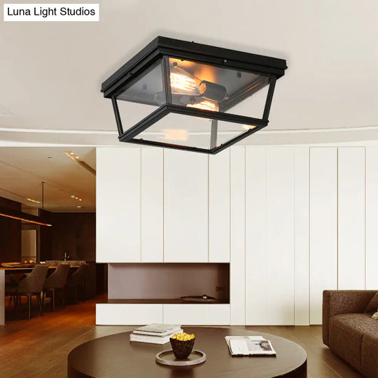 Industrial Square/Hexagon Cage Glass Ceiling Light With 2/4 Bulbs Clear/Black Flush Mount Lighting 2
