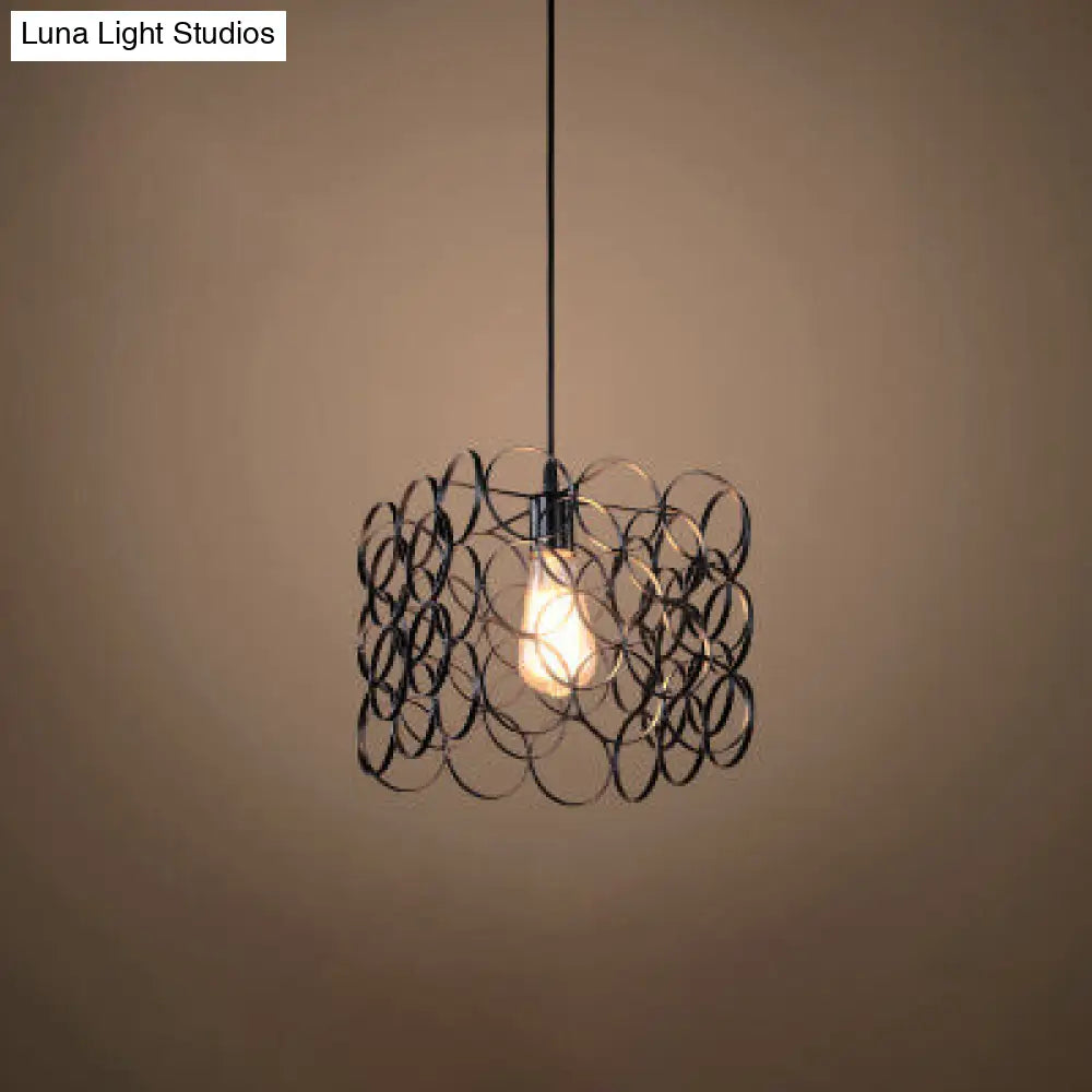 Sleek Industrial Wire Ring Design Hanging Light With 1 Bulb Metal Pendant Lamp In Black