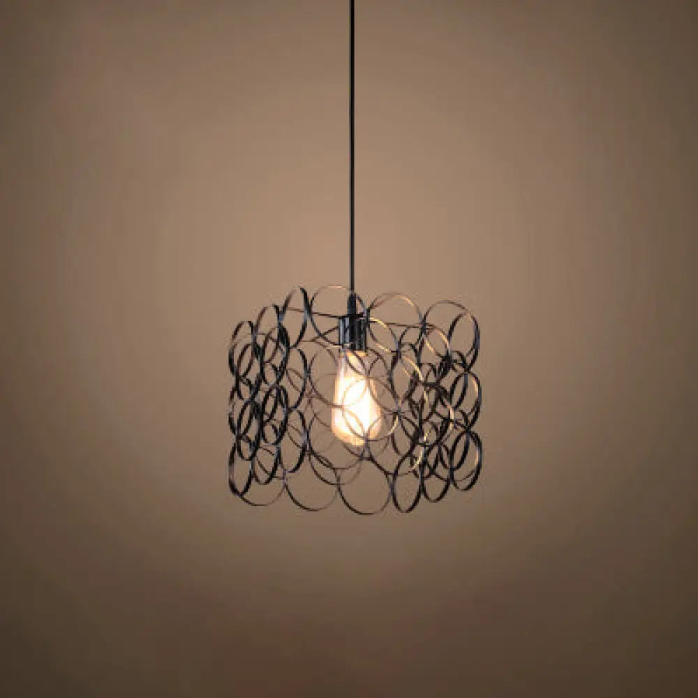 Industrial Squared Pendant Light With Stylish Wire Ring Design - 1 Bulb Metal Lamp In Black