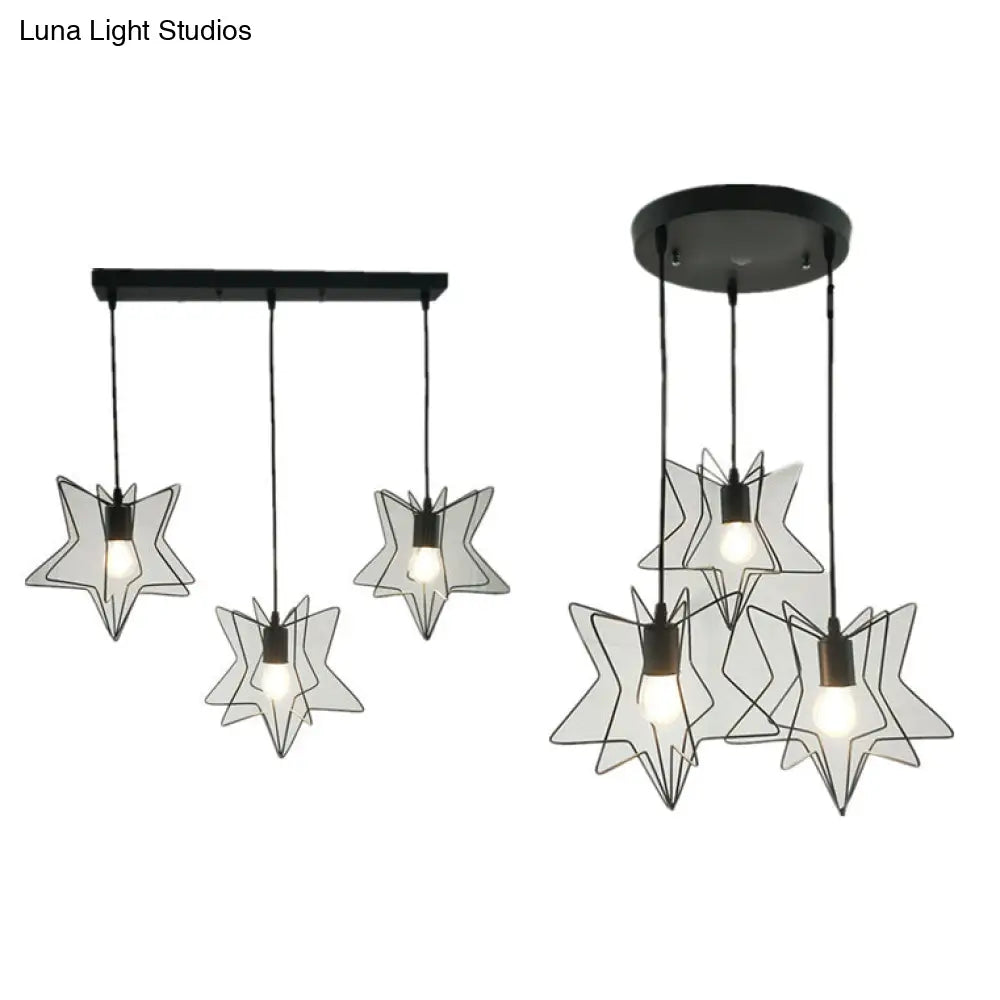 Industrial Star Cage Pendant Light With 3 Metallic Heads For Restaurants Linear/Round Canopy In
