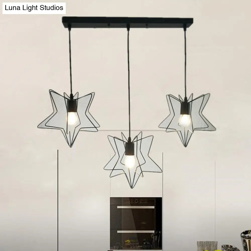 Industrial Star Cage Pendant Light With 3 Metallic Heads For Restaurants Linear/Round Canopy In