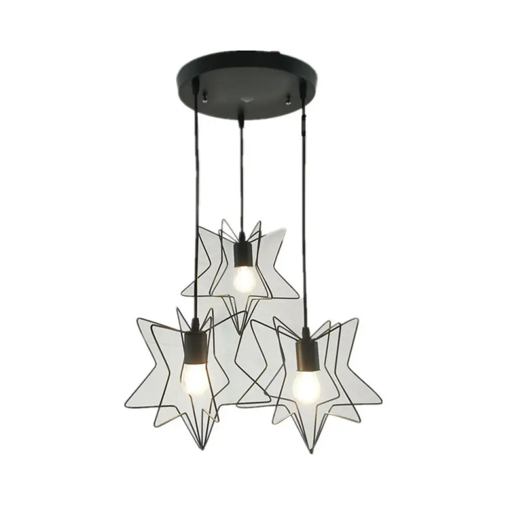 Industrial Star Cage Pendant Light With 3 Metallic Heads For Restaurants Linear/Round Canopy In