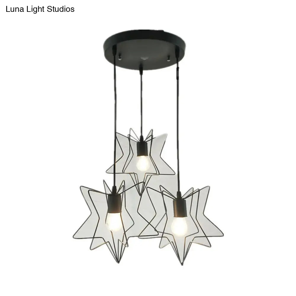 Industrial Star Cage Pendant Light - 3 Heads With Canopy In Black/White Black / Round
