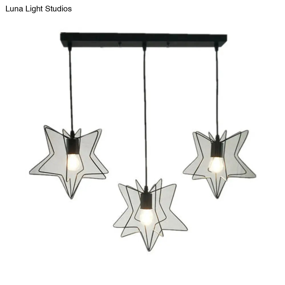Industrial Star Cage Pendant Light - 3 Heads With Canopy In Black/White Black / Linear