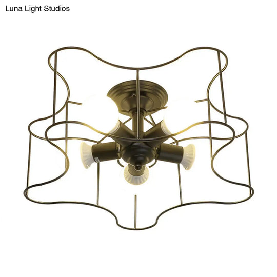 Industrial Star Shaped Metal 5-Bulb Light Fixture In Black/White With Cage For Living Room.