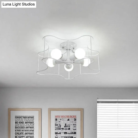 Industrial Star Shaped Metal 5-Bulb Light Fixture In Black/White With Cage For Living Room.